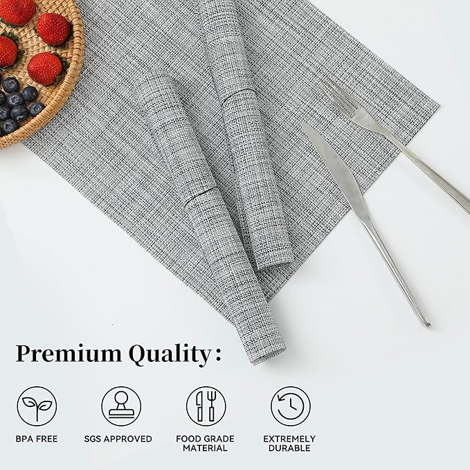 Leetaltree Linen Grey Placemats Set of 8 - Heat Resistant Non-Slip Place mats for Dining Table, Washable Durable PVC Vinyl Woven Table Mats（Linen Grey, 8）