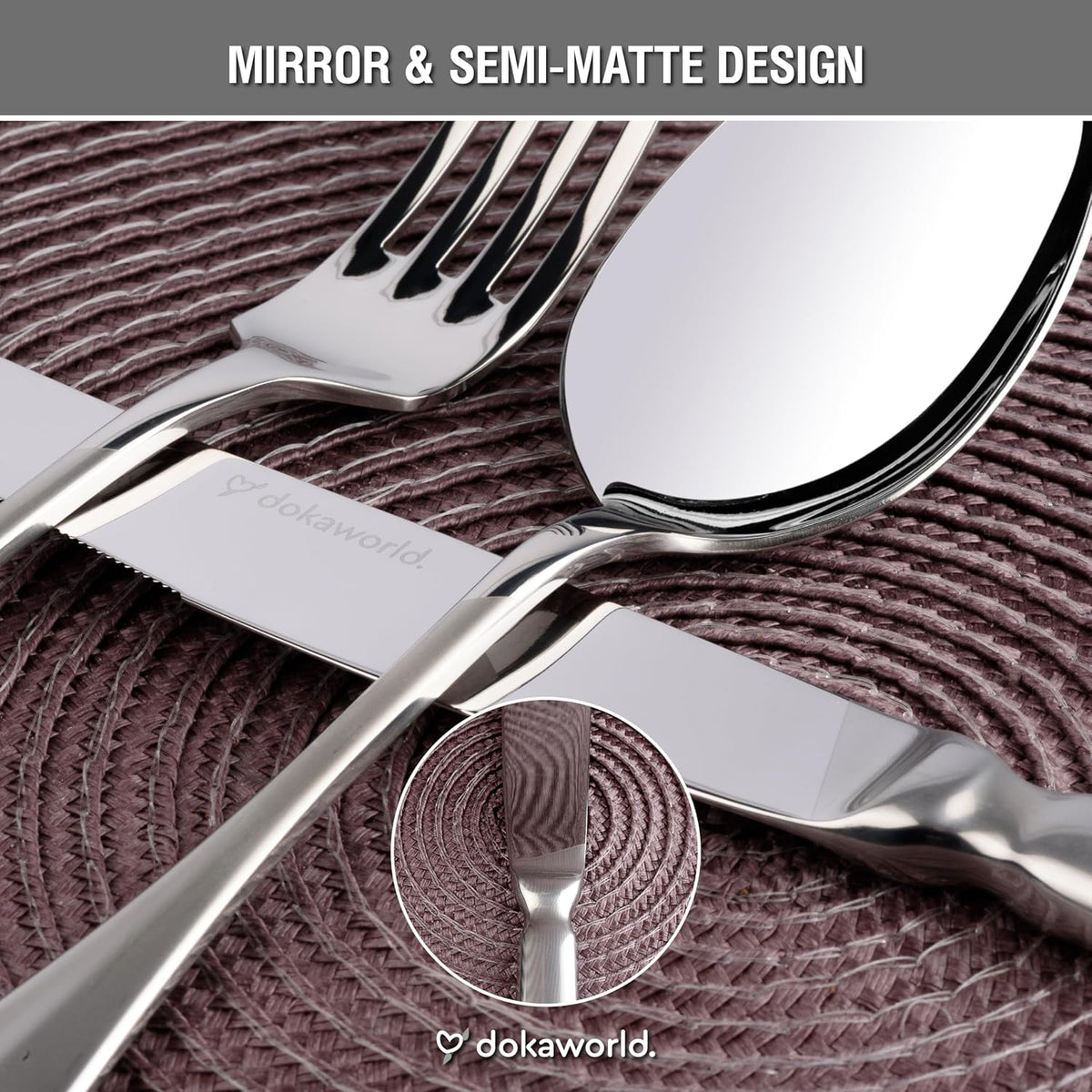 Semi-Matte Design Flatware, Silverware Set for 8 persons, 40 Piece - Spoons, Forks, and Knives 18/10 Stainless Steel, Dishwasher Safe