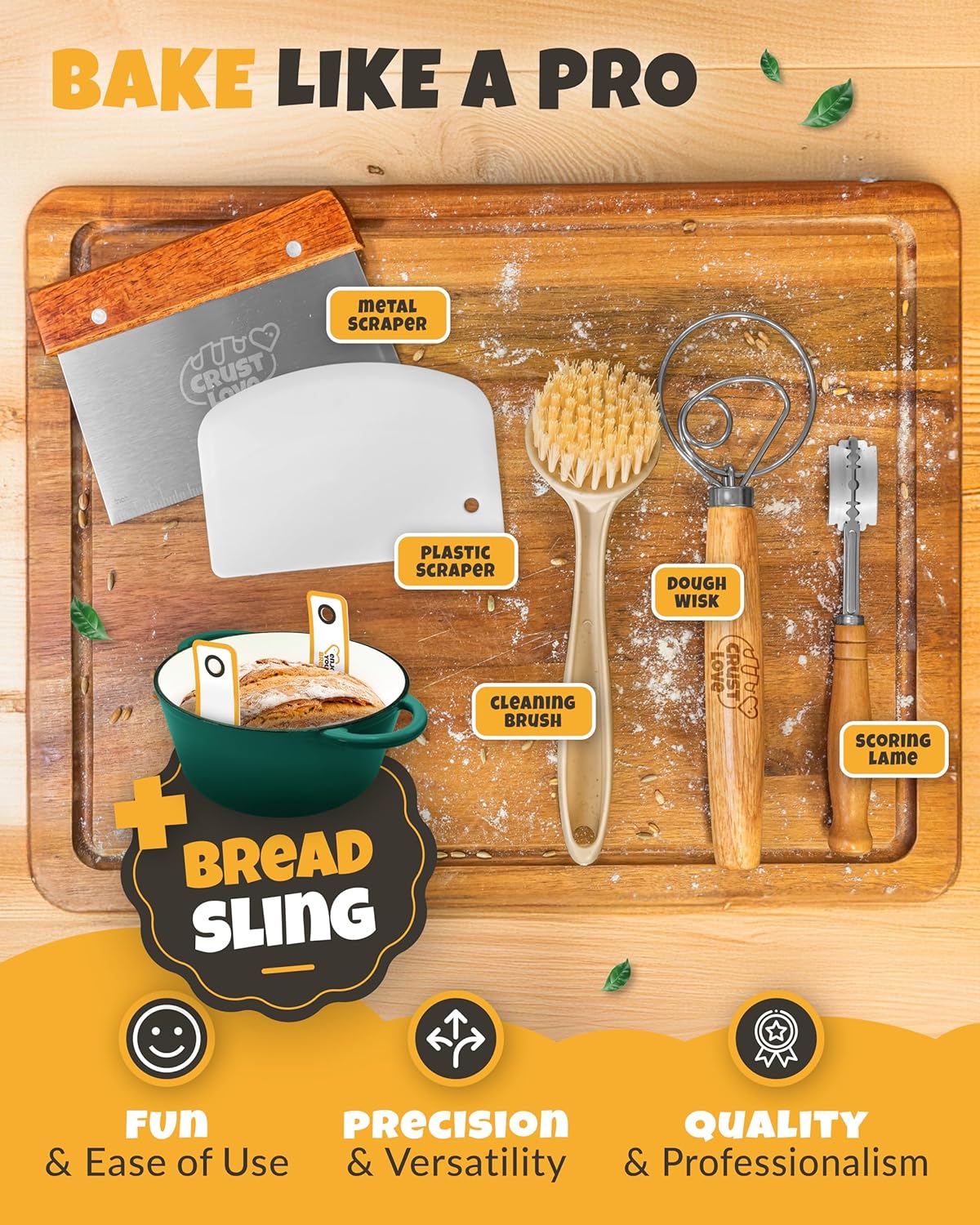 Dutch Oven for Bread Baking - incl. Sourdough Bread-Baking Supplies like Banneton Bread-Proofing Basket - 5QT Enameled Cast Iron Bread-Oven with Lid, Baking Pan, Scoring Tool Lame