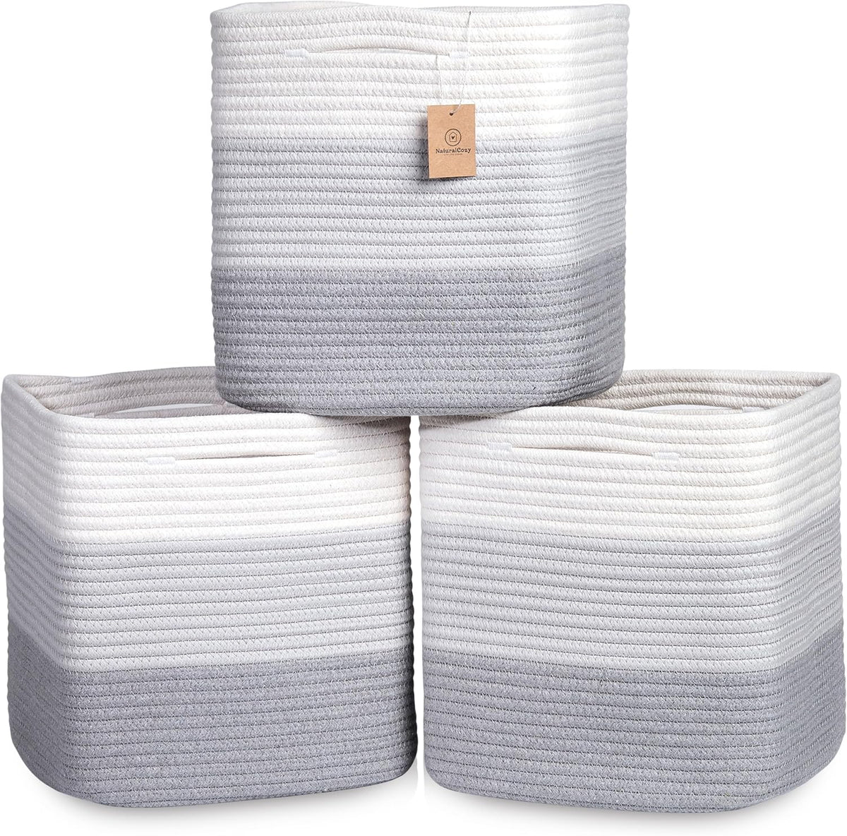 NaturalCozy 13 Inch Cube Storage Bins Cotton Rope Woven Baskets for Organizing 3-Pack | 13 x 13 Storage Cubes | Fabric Square Storage Baskets for Shelves Organizer, Kids Toy Bins, Closet Baby Nursery