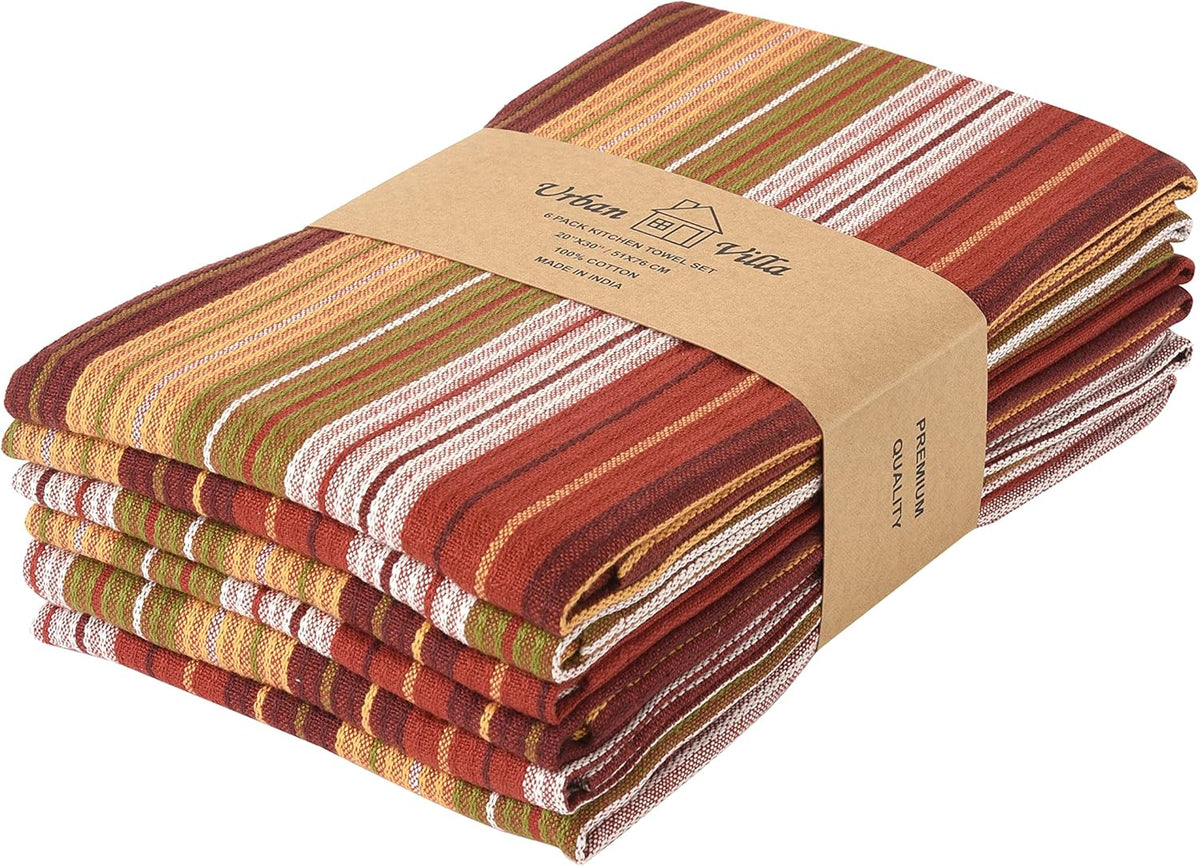 Urban Villa Fall Stripes Kitchen Towels Set of 6 20x30 Inches Over Sized Premium Quality100% Cotton Thanks Giving Day Dish Towels Mitered Corners with Hanging Loop Harvest Stripes Dish Cloths