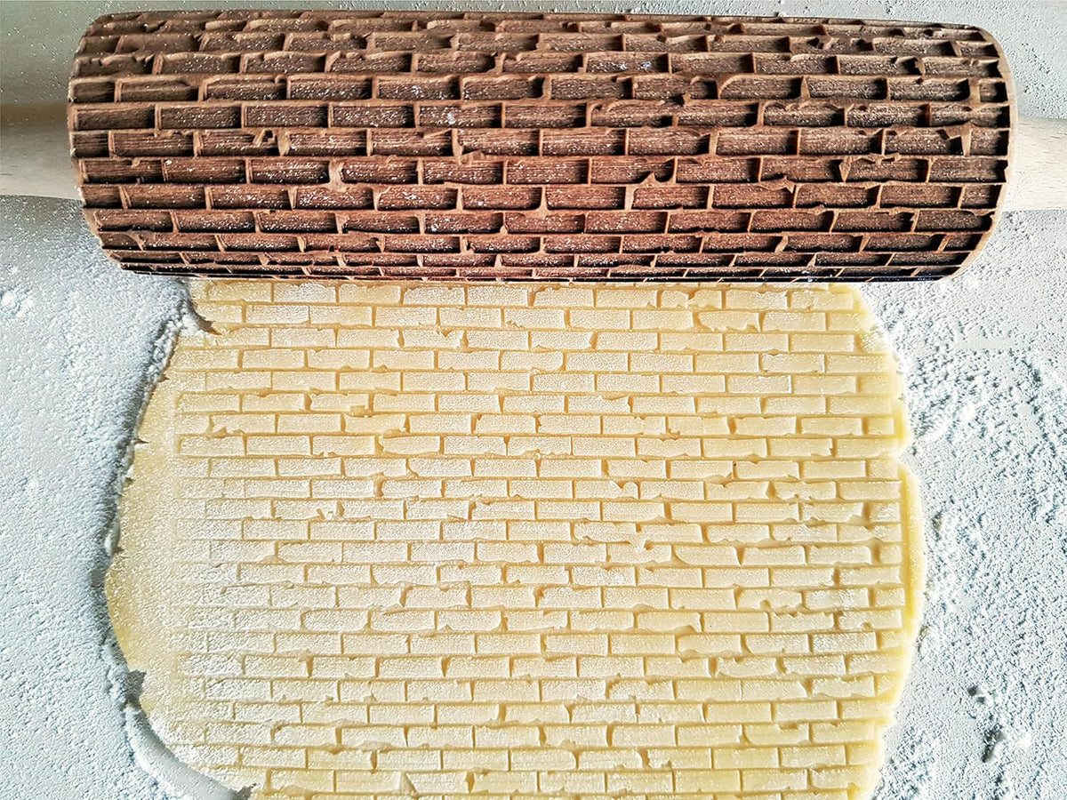 BRICKS Embossing Rolling Pin. Laser Engraved Dough Roller with Wall Pattern for Embossed Cookies or Pottery by Algis Crafts