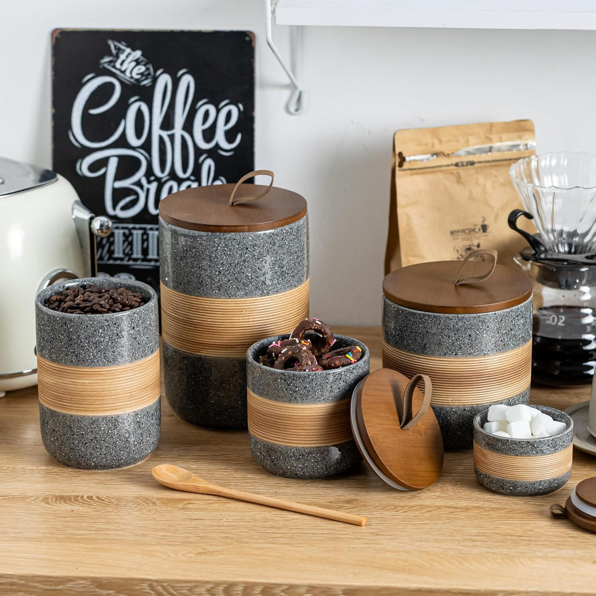 Ceramic Jar with Lid Airtight, Coffee Container Kitchen Food Storage Jars for Spice Sugar Tea Bag, Stackable Decorative Jars for Countertop, Grey & 18oz