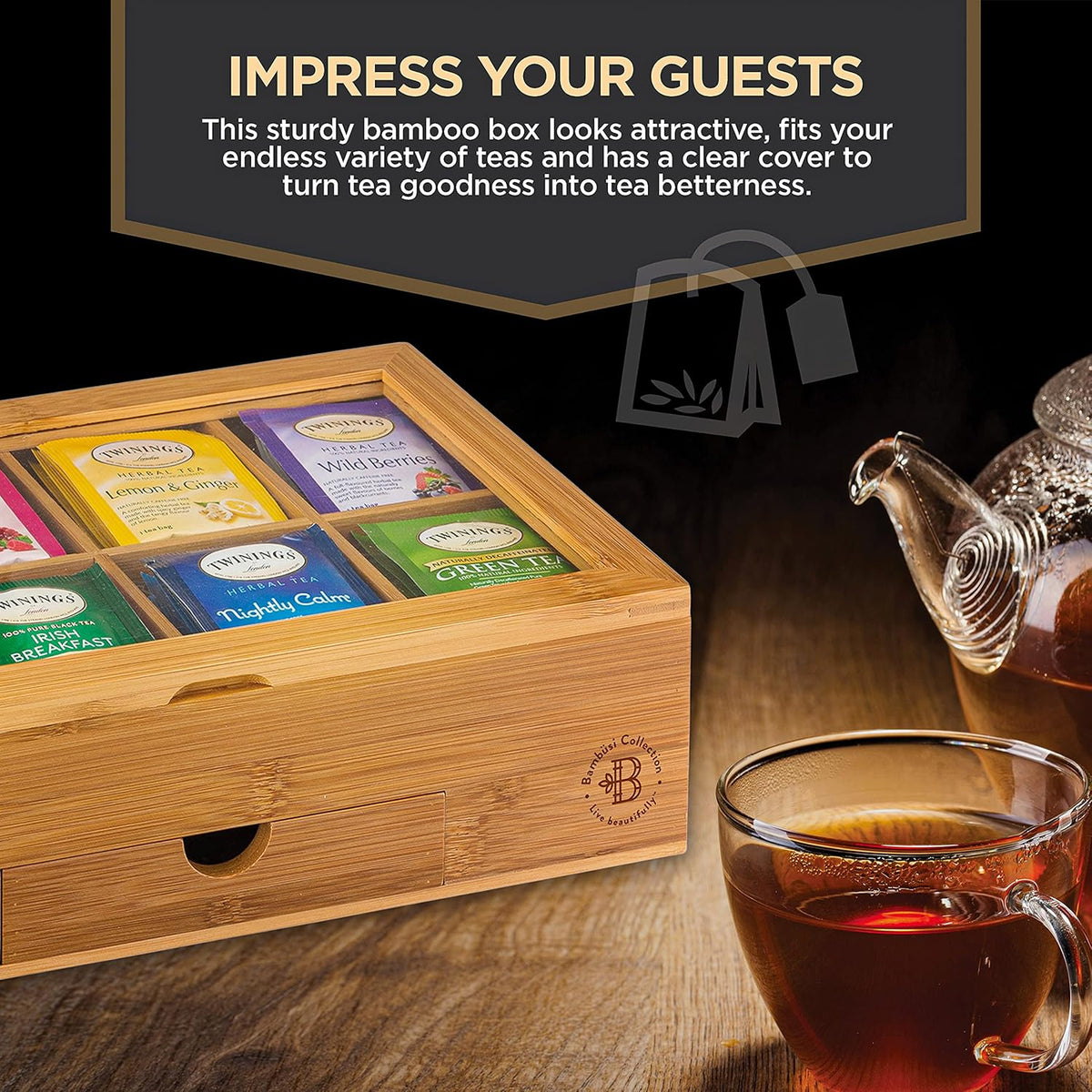 Bambüsi Personalized Tea Organizer - Engraved Bamboo Tea Box, 8 Compartments, Acrylic Window, Magnetic Lid - Unique Gift for Tea Enthusiasts