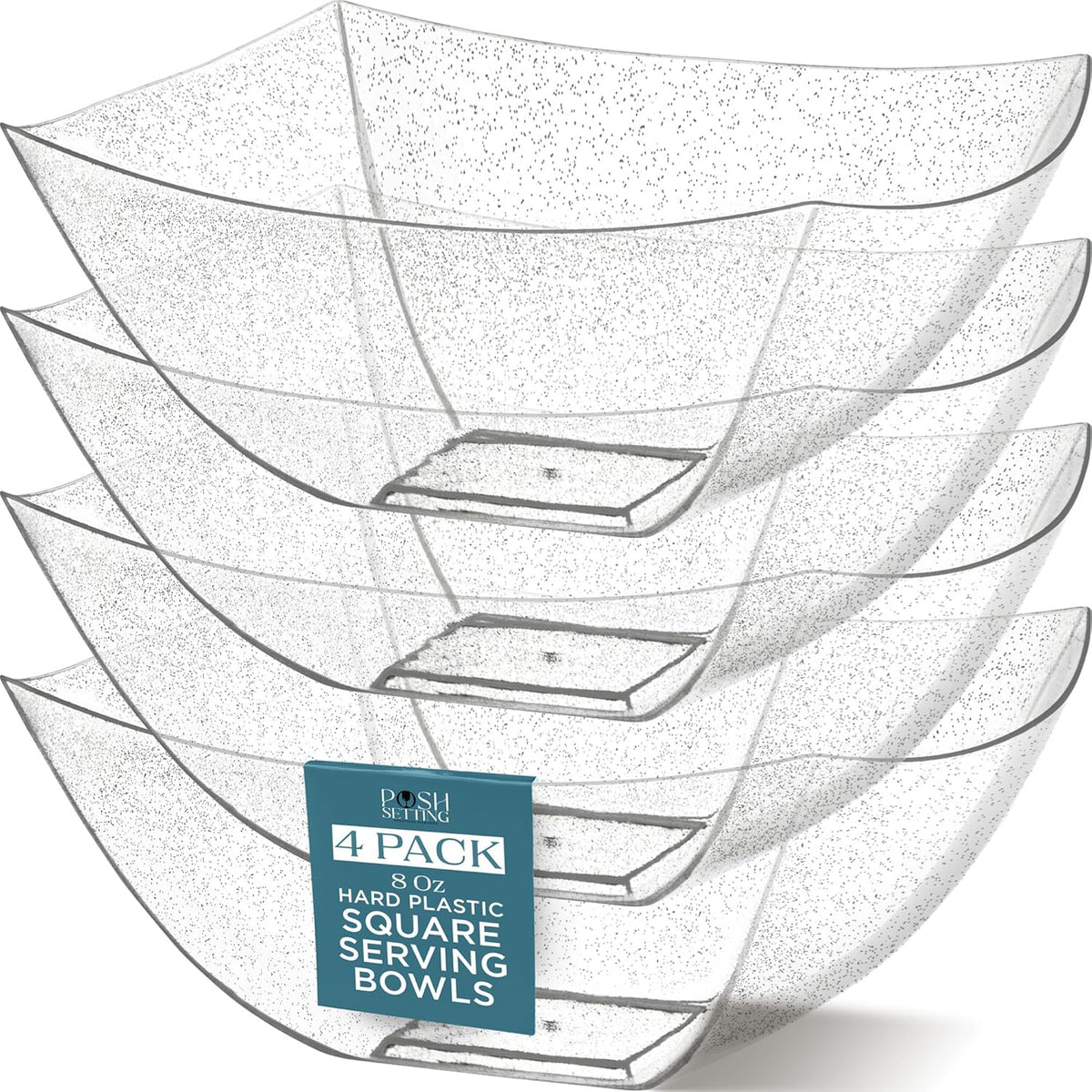 Posh Setting - Silver Glitter Plastic Serving Bowls for Party (8oz - 4 Pack) Square Bowls, Disposable Chip Bowls, Candy Bowls for Party Table, Salad Bowls for Party, Candy Containers for Candy Buffet