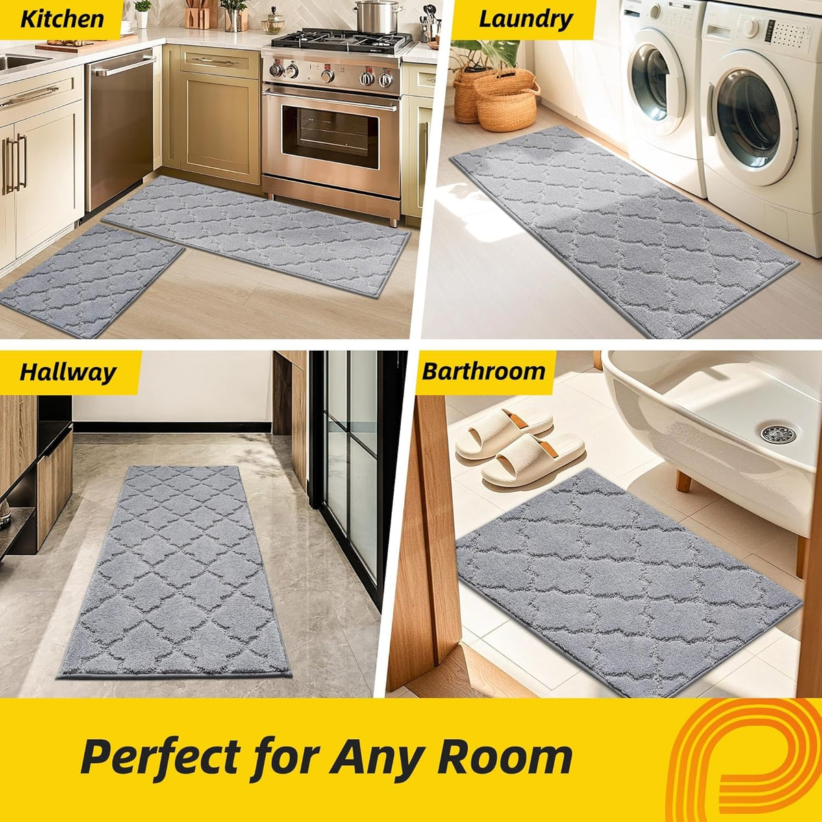 JSEI Kitchen Rugs, Non-Slip Kitchen Mats for Floor, Soft Washable Absorbent Kitchen Mats 2 Pieces, Kitchen Carpet Runner with TPR Backing, Polyester, 20”x32”+20”x48”, Light Grey