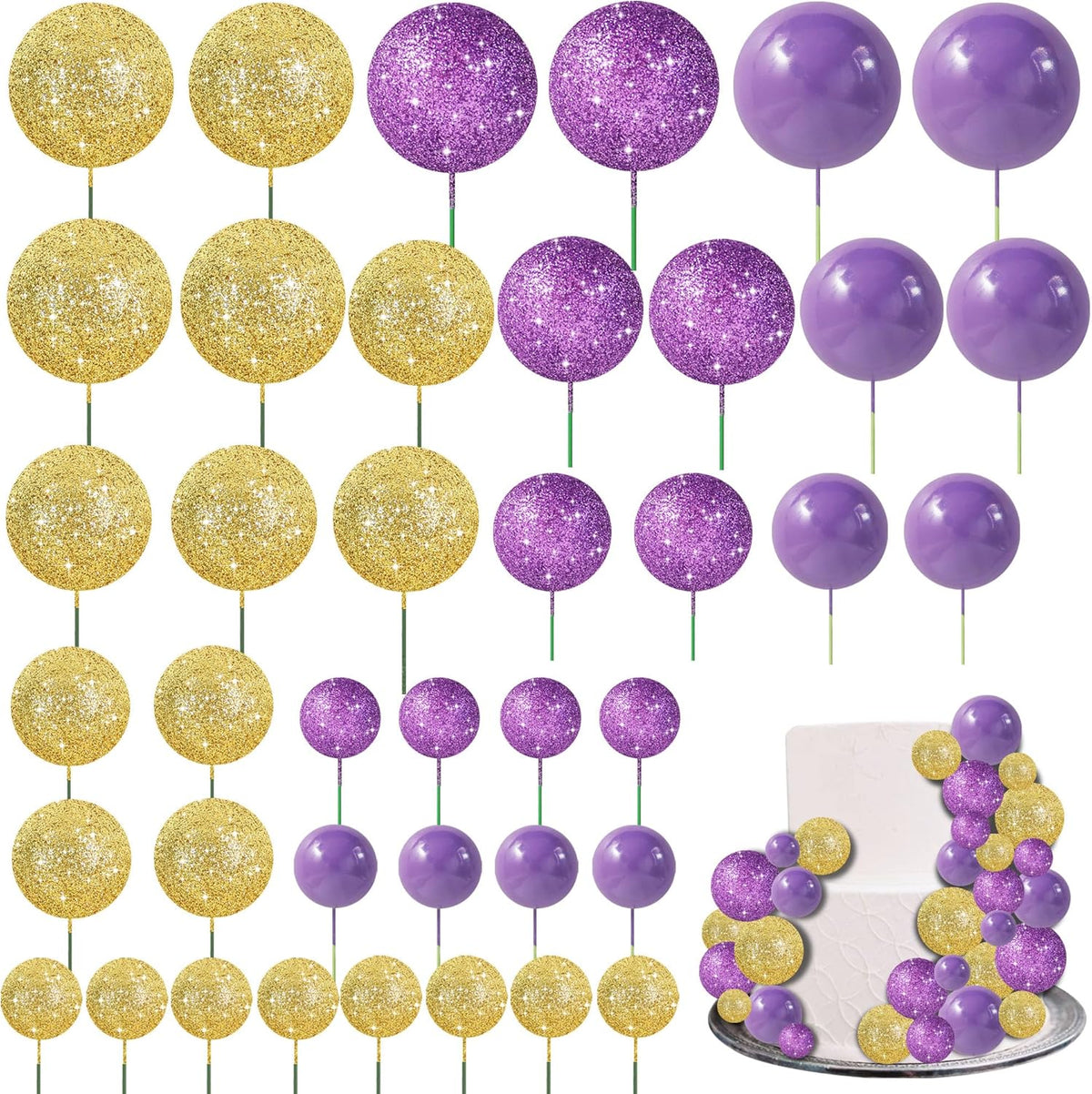 BEISHIDA 40 Pcs Ball Cake Toppers Mini Balls Cake Decorations Purple Gold Foam Balls DIY Cake Topper for Baking Congrats Grade 2025 Graduation Birthday Mardi Gras Lakers Decorations (Purple Gold)