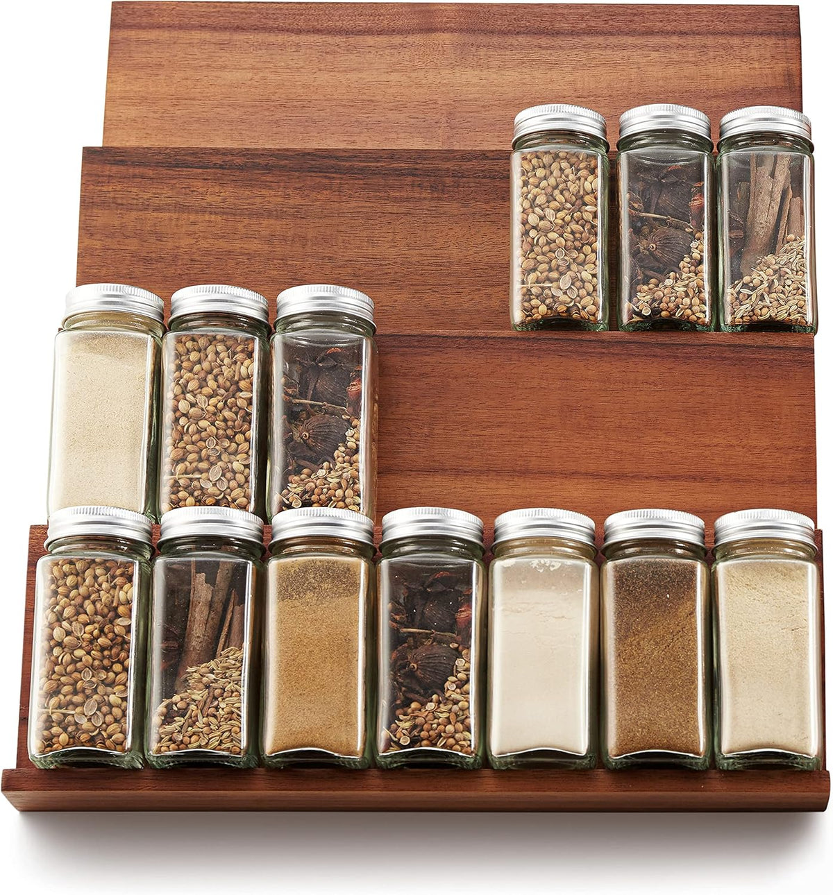 Tinamo Wood Spice Drawer Organizer - Acacia Wooden Tray Spice Racks Organizer for Cabinet Storage Shelf - 4 Tier Spice Rack for Drawer 32 Jars (Pack 4)