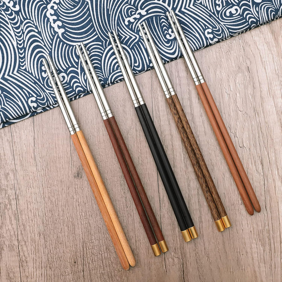 5 Pairs Reusable Chopsticks Wooden Splicing Stainless Steel Chop Sticks, Metal Chopsticks Lengthen Japanese Korean Chopstick 9.8 Inch/25cm Gift Set