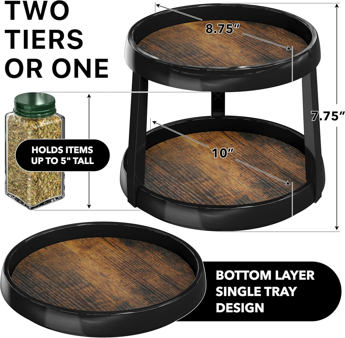 Simple Houseware 2-Tier Lazy Susan Spice Organizer, 10-Inch Diameter, Rustic Brown