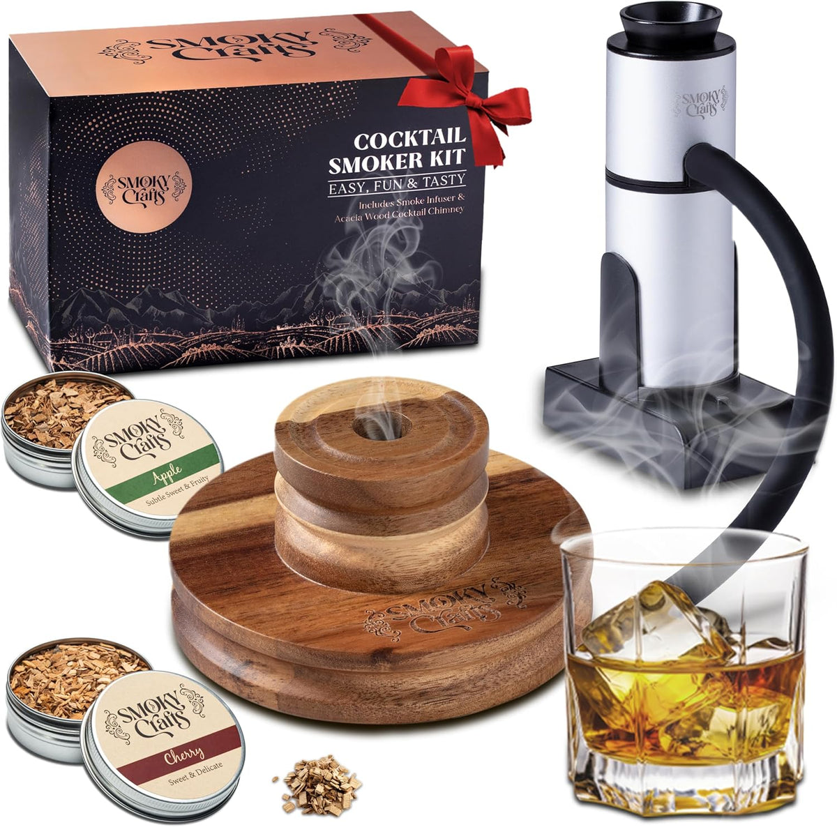 Acacia Whiskey Smoker Kit with Smoking Gun and Wood Chips (Apple & Cherry) - Drink Smoker Kit - Cocktail Smoke Set - Whiskey Gifts for Men (Torch Not Required)