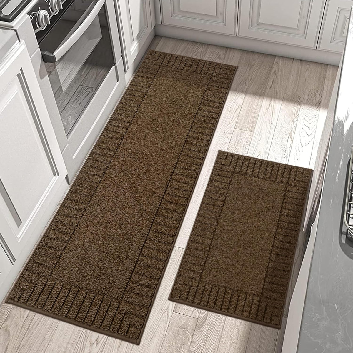BEQHAUSE-Kitchen-Rugs-Anti-Slip-Kitchen-Mats-for-Floor Absorbent Kitchen Mat Set of 2 Washable Kitchen Runner Rug with TPR Non Skid Backing,Brown 24x35inch/24x60inch