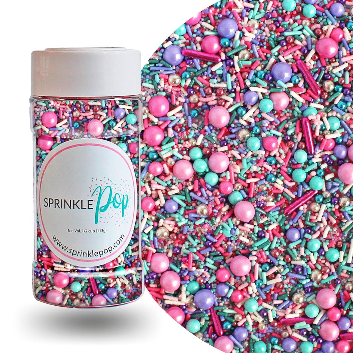 Sprinkle Pop Mermaid Glam Sprinkle Mix| Pink Aqua Fuchsia Lavender Purple Sprinkles with Silver Metallic Dragees| Decorating Sprinkles Made in USA for Girl Birthday Cupcakes Donuts Cakes Cookies, 4oz