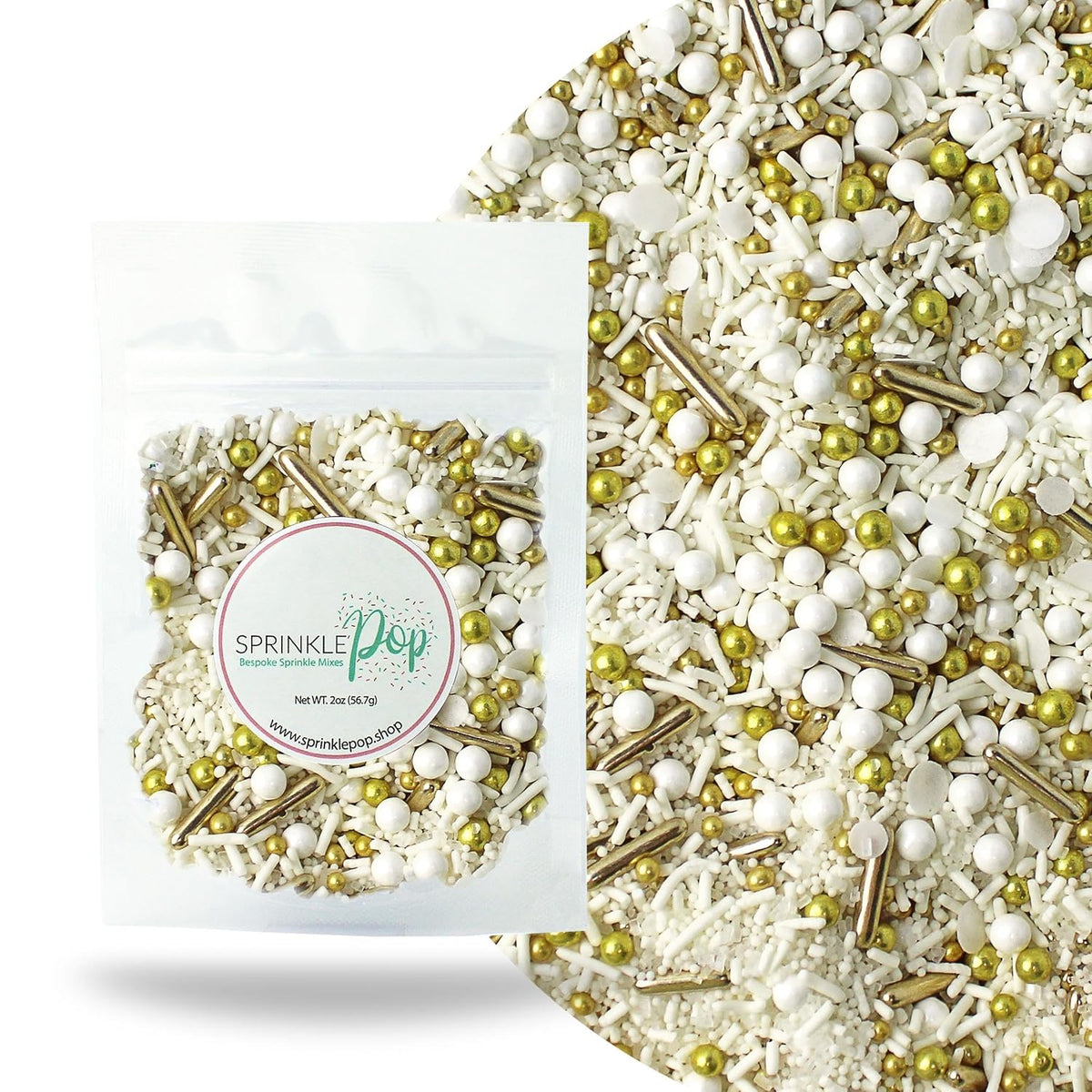 Wedding White Sprinkle Mix| Made In USA By Sprinkle Pop| Pastel White Sprinkles With Gold Metallics Dragees| Sprinkles For Decorating Bridal Shower Wedding Anniversary Party Cupcakes Cake Cookies, 2oz