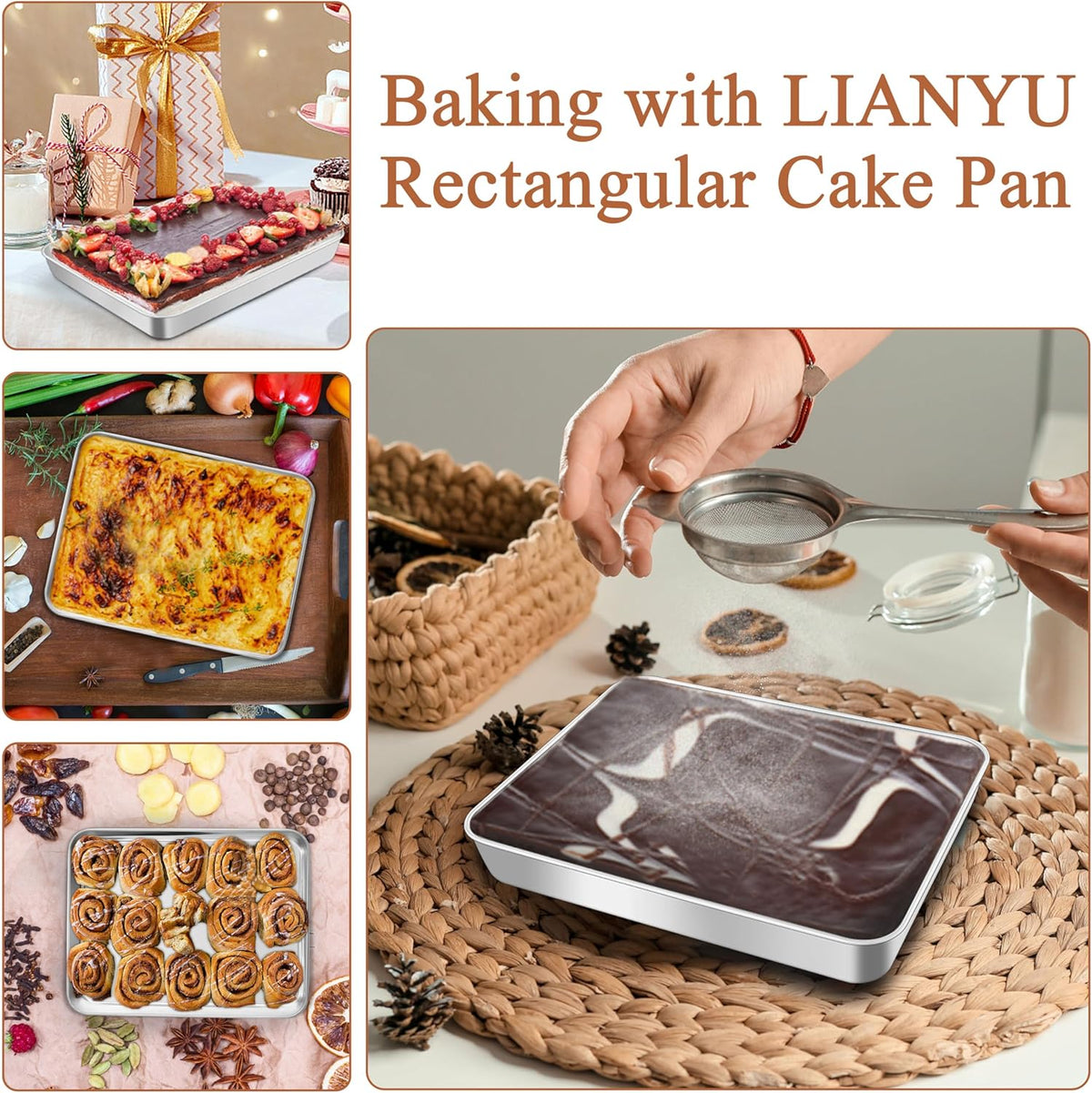 LIANYU 12⅓ x 9¾ x 2 Inch Cake Baking Pan Set of 4, Toaster Oven Pan for Brownies Lasagna Casseroles Cookie Meat, Stainless Steel Rectangle Bakeware Set, Heavy Duty & Mirror Polished, Dishwasher Safe