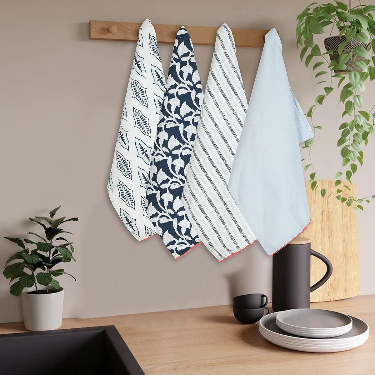 Kitchen Towels Dish Towels for Kitchen Tea Towels for Gifting Bar Towels for Kitchen Towels Hand Printed Dish Cloths - 18"x28"- Blue, Pack of 4
