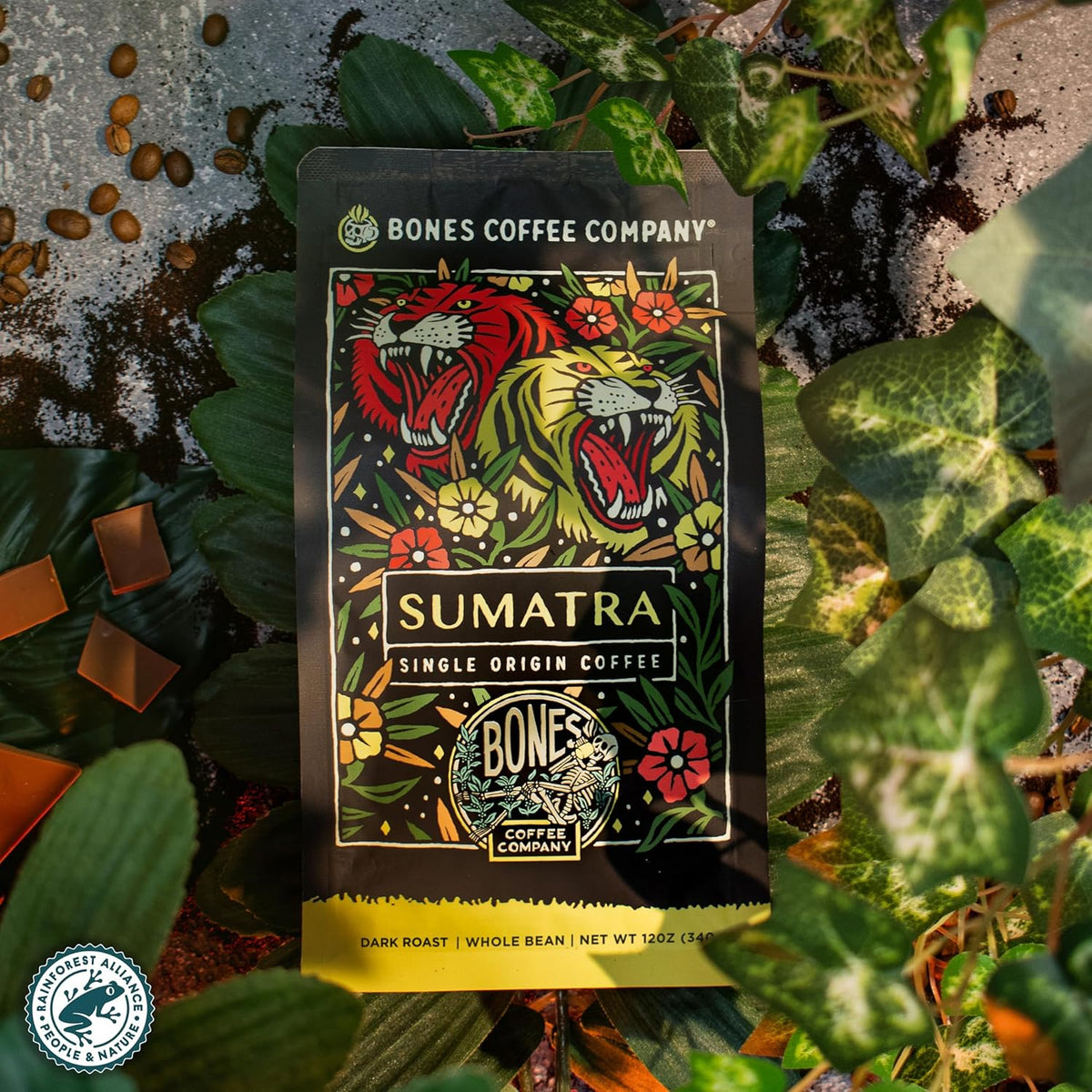 Bones Coffee Company Sumatra Single-Origin, Dark Chocolate, Smoky, Earthy Notes, Ground Coffee Beans, Low Acid Dark Roast Arabica Beans Flavored Coffee, 12 oz Ground