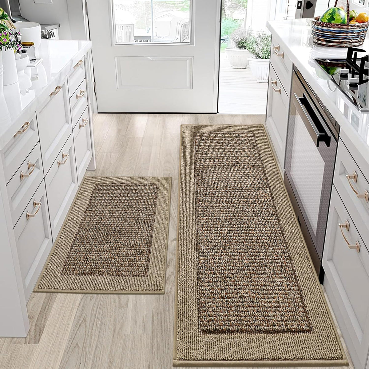 BEQHAUSE Kitchen Rugs and Mats Set of 2 Non-Slip Kitchen Mats for Floor, Absorbent and Stain Resistant Kitchen Runner, Machine Washable Rugs for Kitchen, Laundry & Sink, 24"x36"+24"x60", Taupe