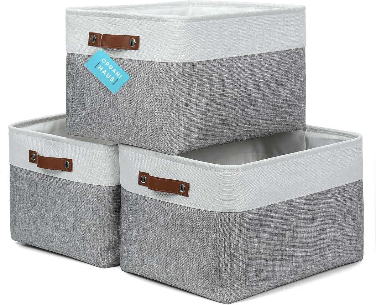 OrganiHaus Extra Large Fabric Storage Baskets for Shelves 3 Pack | 16x13in Closet Storage Bins for Shelves | Cloth Baskets for Organizing | Linen Closet Organizers | Fabric Storage Bin - Gray/White