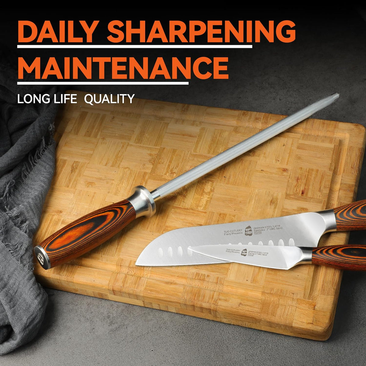 TUO Honing Steel, 10 Inch Knife Sharpener Rod with Pakkawood Handle for Kitchen Knives Daily Sharpening Maintenance - Fiery Phoenix Series
