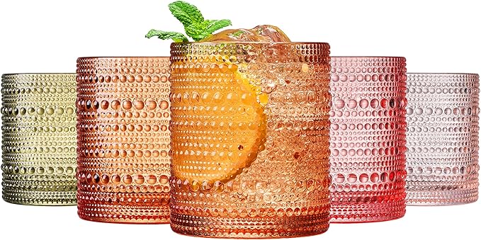 Hobnail Tumbler Drinking Glasses Set | Set of 5 | Vintage Sunset Colored Beaded Hobnails 10 OZ Muted Bubble Whiskey Glassware, Old-Fashioned, Embossed Design Glass Water Wine, Cocktail Glass Set Gift