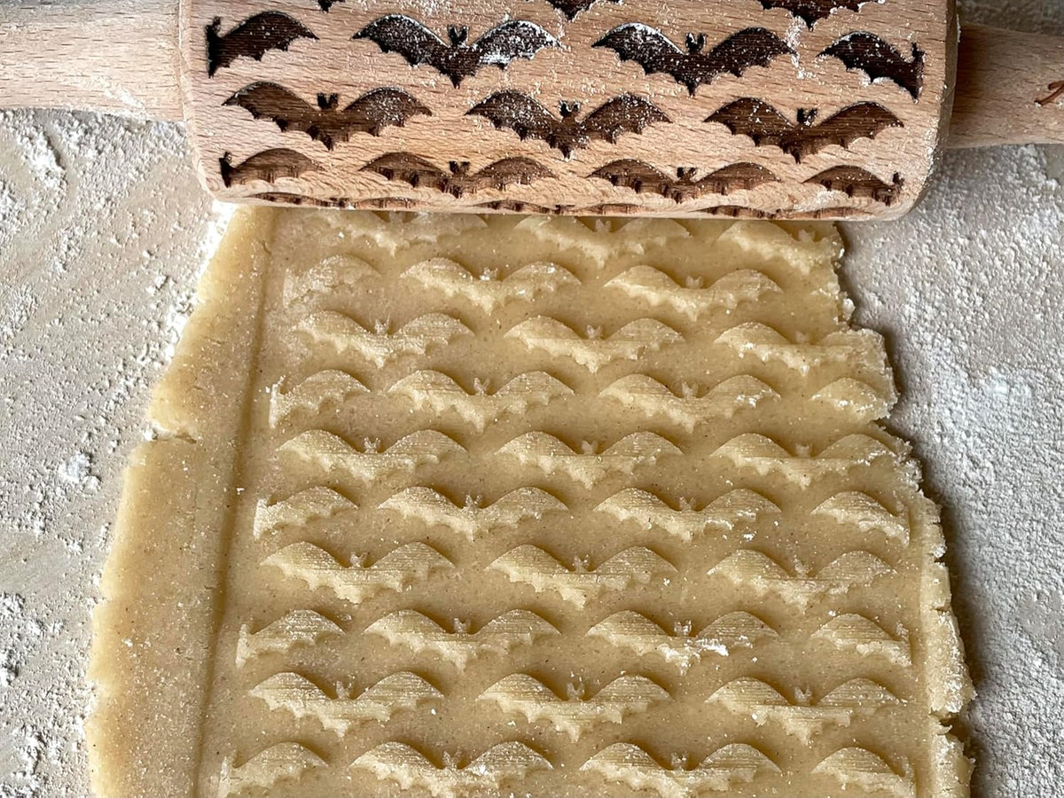 HALLOWEEN 3 Mini Embossed Rolling Pin Set. Wooden Laser Engraved Textured rolling pins for Cookies, Modeline, Ceramic with Skulls, Bats, Halloween by Algis Crafts