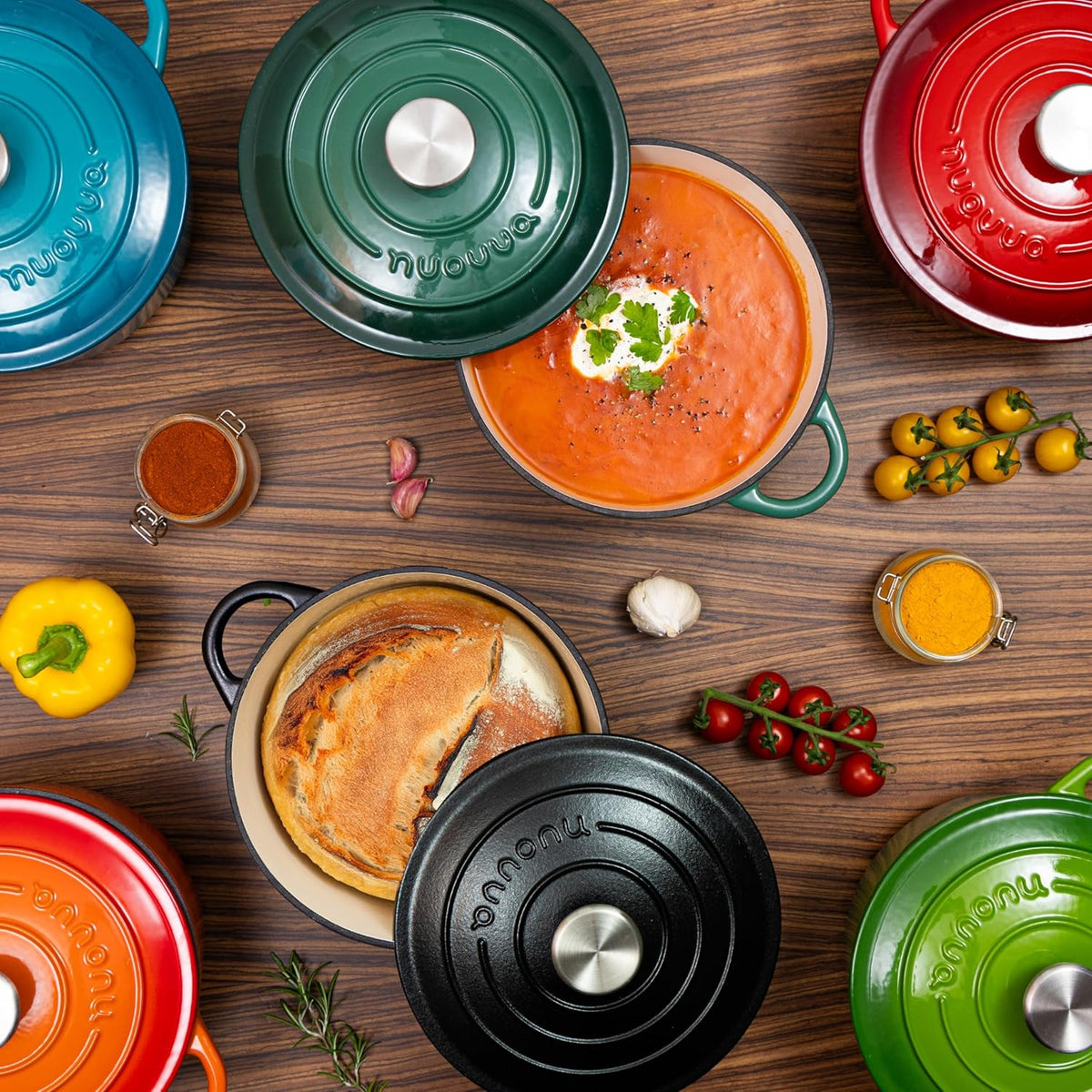 Cast Iron Dutch Oven with Lid – Non-Stick Ovenproof Enamelled Casserole Pot – Sturdy Dutch Oven Cookware – Green, 7.3-Quart, 30cm – by Nuovva