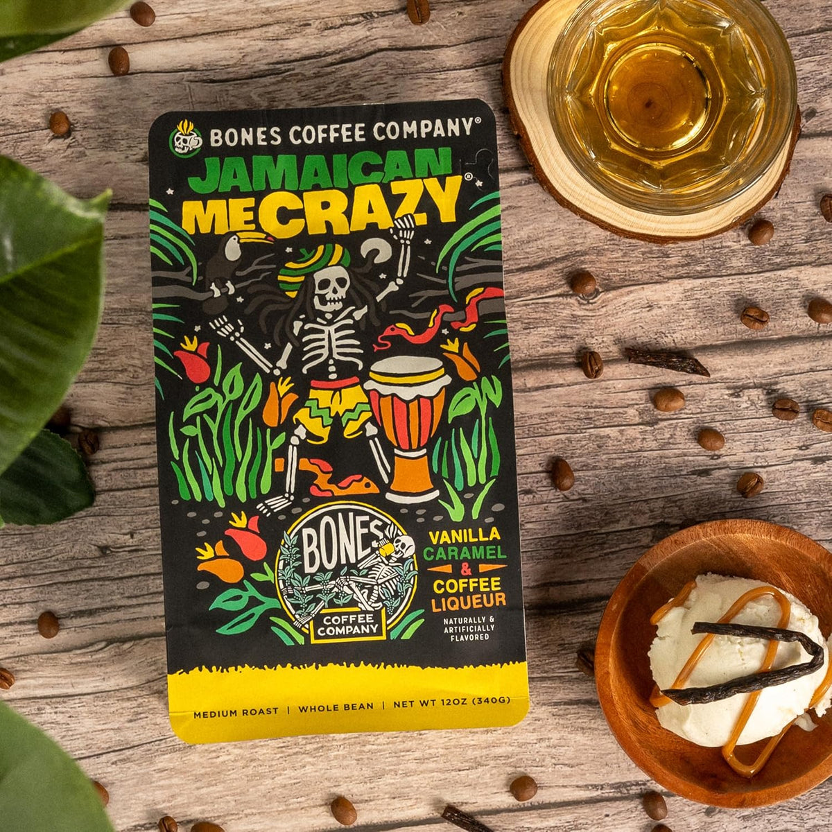 Bones Coffee Company Jamaican Me Crazy, Vanilla Caramel Flavored Coffee, Medium Roast Low Acid Arabica Beans Compatible with Auto drip and French Press Coffee Maker, 12 Oz Whole Bean
