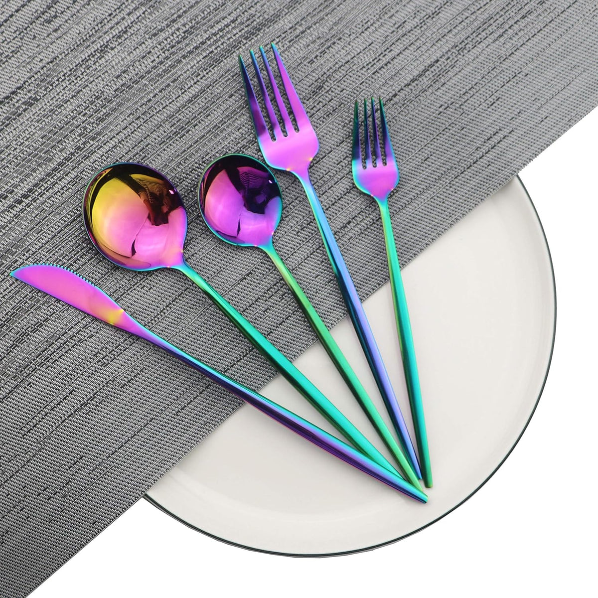 JASHII Shiny Rainbow Silverware Set, 30-Piece Stainless Steel Satin Finish Flatware, Kitchen Utensils, Mirror Polished Tableware Cutlery for Home and Restaurant, Dishwasher Safe