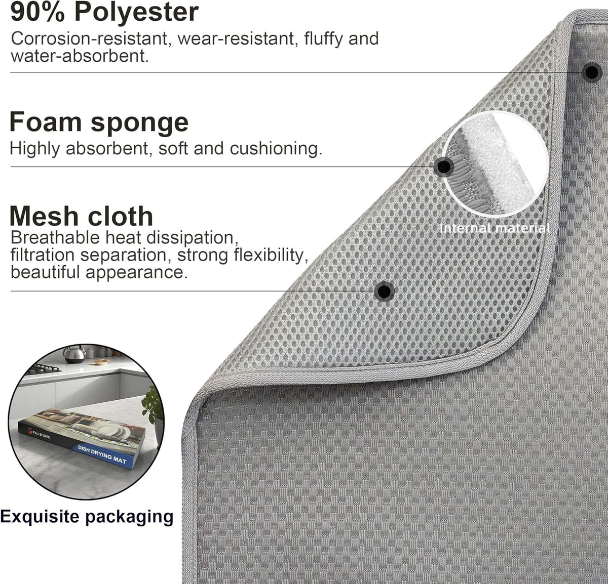 2-Pack Light Gray Dish Drying Mats 17” x 24” – XL Kitchen Drying Mat for Counter, Super Absorbent Microfiber Dish Drying Mat, Foldable Large Dish Drying Mat, Pots, Pans – Dish Drainer Mat