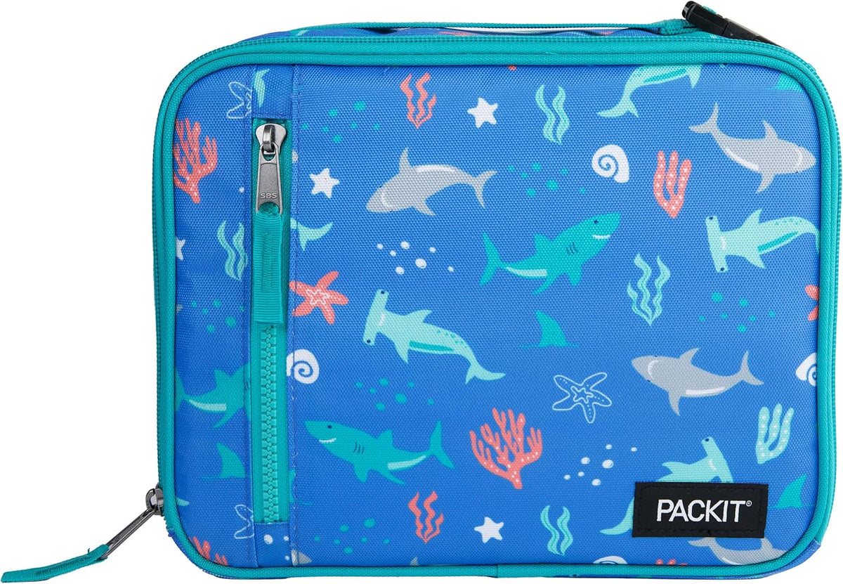 PackIt Freezable Classic Lunch Box, Sea Shark, Built with ECOFREEZE Technology, Collapsible, Reusable, Zip Closure With Zip Front Pocket and Buckle Handle, Designed for Fresh Lunch On the Go