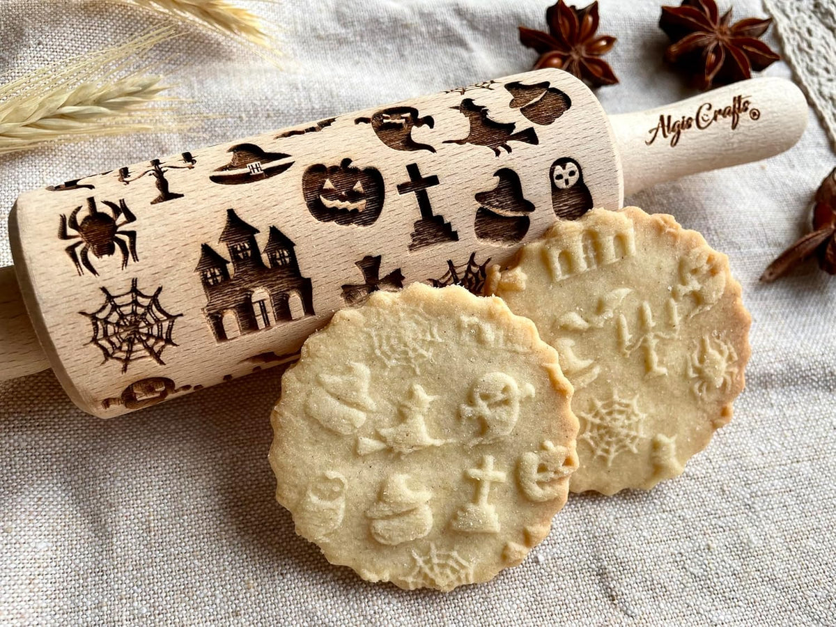 HALLOWEEN 3 Mini Embossed Rolling Pin Set. Wooden Laser Engraved Textured rolling pins for Cookies, Modeline, Ceramic with Skulls, Bats, Halloween by Algis Crafts