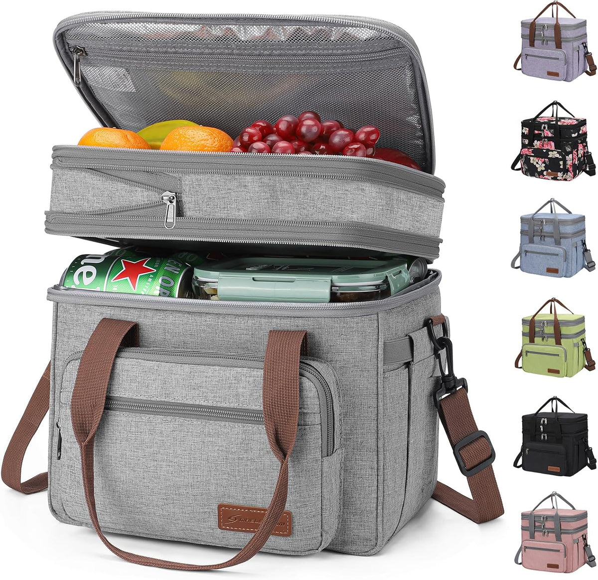 Maelstrom 23L Insulated Lunch Box For Men Women,Expandable Double Deck Lunch Cooler Bag,Lightweight Leakproof Tote Bag With Side Tissue Pocket,Gray