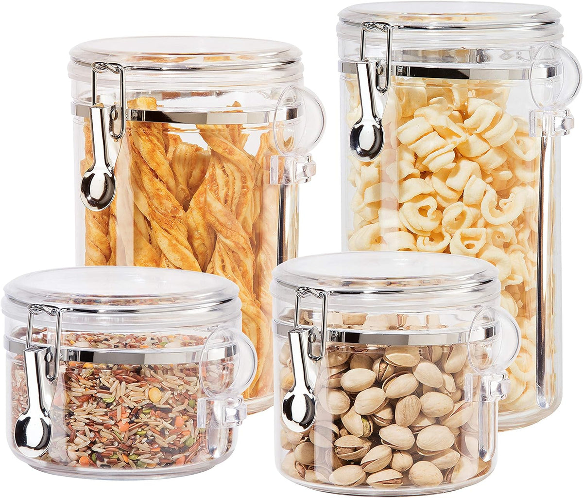Oggi 4pc Clear Canister Set with Clamp Lids Airtight Containers in Sizes Ideal for Kitchen & Pantry Storage of Bulk, Dry Foods Including Flour, Sugar, Coffee, Rice, Tea, Spices & Herbs