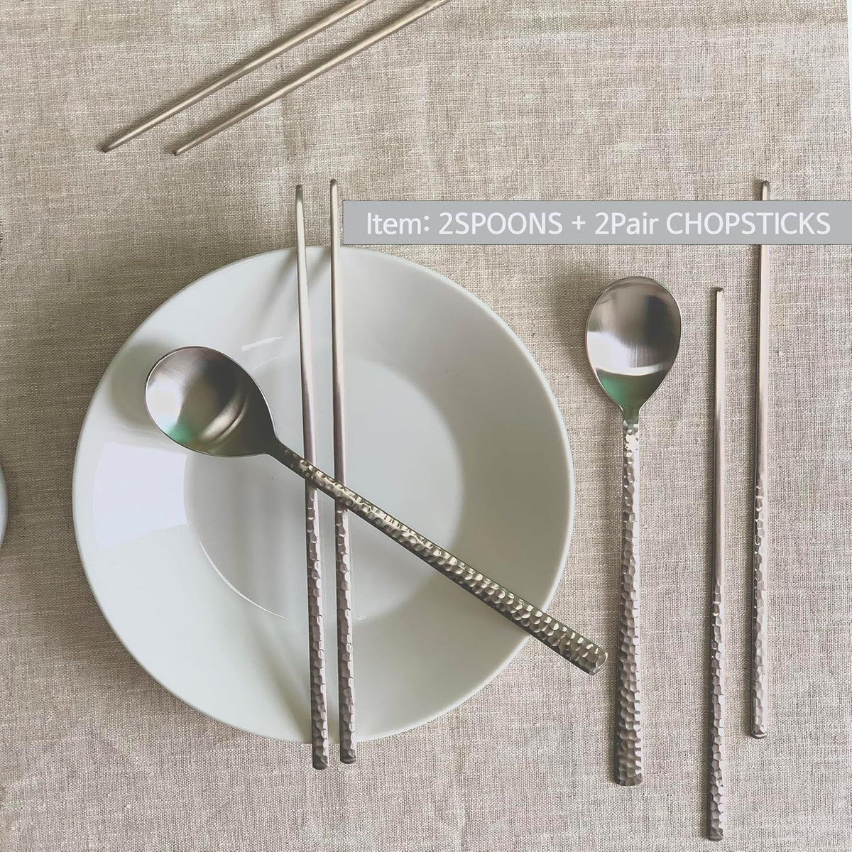 Korean Made Silver Glossy Hammered Stainless Steel Korean Spoon & Chopstick SET Stocking Stuffer Gift for Mom (2SET)