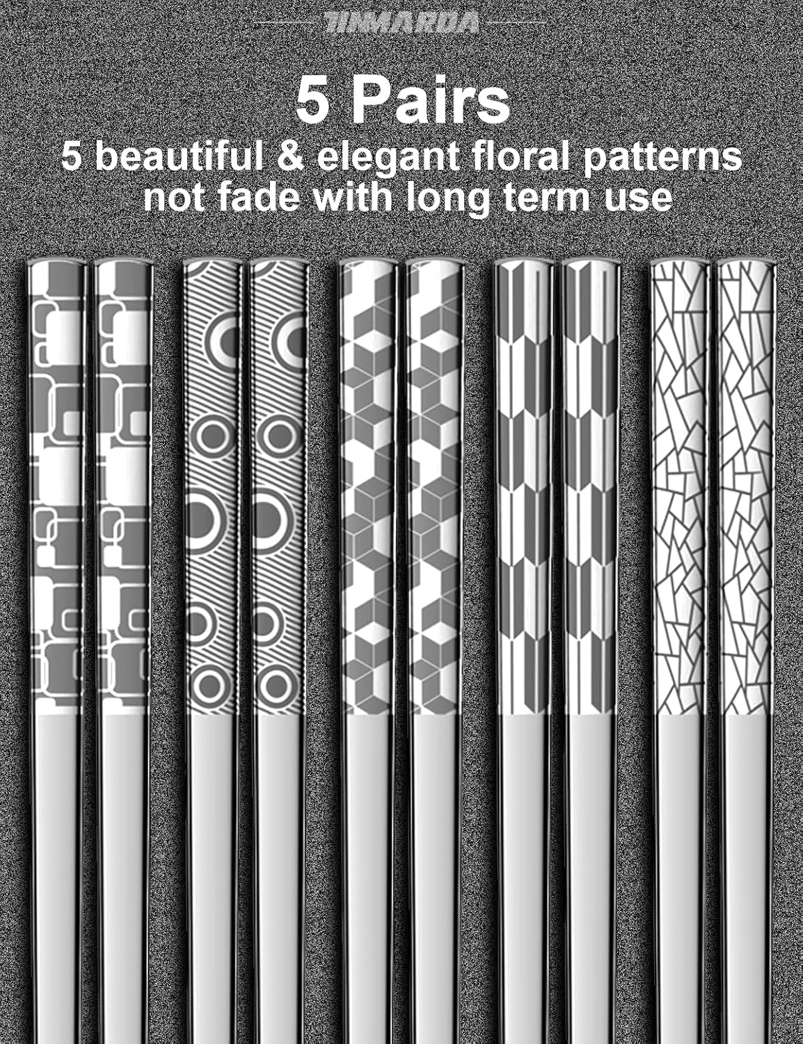 Metal Chopsticks Reusable 18/8 Stainless Steel Chopstick Sleek Engraving Patterns Chop Sticks Reusable Dishwasher Safe Non-Slip Japanese Korean ChopStick 5 Pairs Present Set