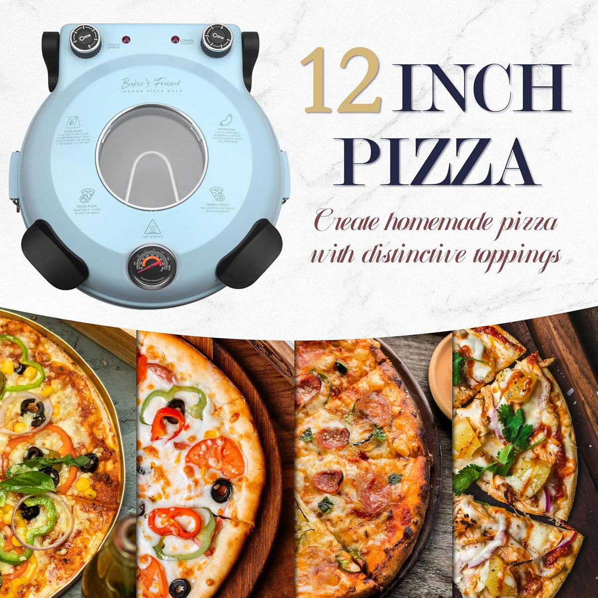 Baker's Friend Electric Pizza Oven Indoor Countertop, 12 Inch Maker Machine for Home, Cooker & Grill, Premium Glazed Ceramic Stone Oven, Pale Blue