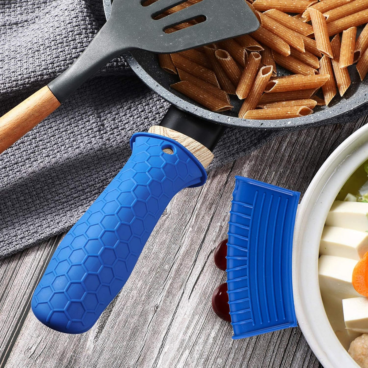 Patelai 8 Pcs Silicone Pot Holders Set Cast Iron Handle Cover Heat Resistant Pot Handle Covers Potholder Non Slip Reusable Pan Sleeve for Frying Pan Kitchen Supplies(Blue)