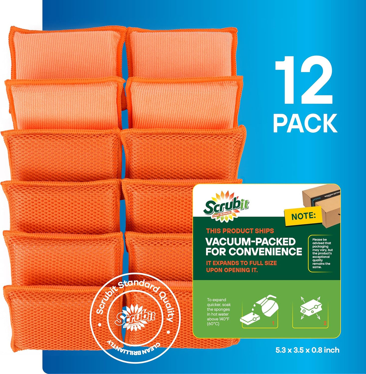 SCRUBIT Reusable Sponges for Dishes - 12 Pack Microfiber Sponges Kitchen Dish Scrubber, Machine Washable & Non-Scratch Scrubbers (Orange)