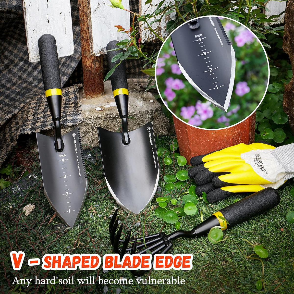 Heavy Duty Stainless Steel Garden Tool Set - Thoughtfully Crafted for Outdoor Patio Use, Perfect for Both Men and Women. Includes Gardening Trowel, Transplanting Shovel, and Hand Cultivators