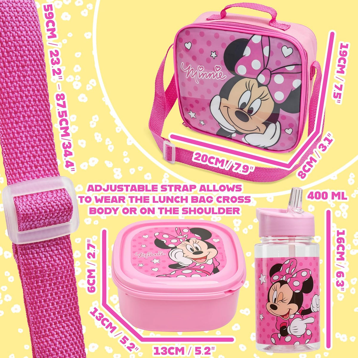 Get Trend Disney Minnie Mouse Kids Lunch Bag Set 3 Pc with Leak Proof Water Bottle and Small Lunch Box Insulated for School Daycare Travel (Minnie Mouse)