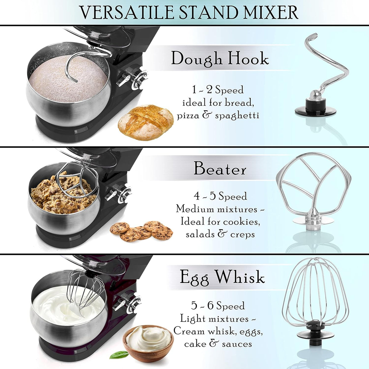 Moss & Stone Black Stand Mixer, 6 Speed Electric Mixer With 5.5 Quart Stainless Steel Mixing Bowl, Black Body Kitchen Mixer With Dough Hook, Egg Whisk, Beater & Baking Spatula, Classic Food Mixer