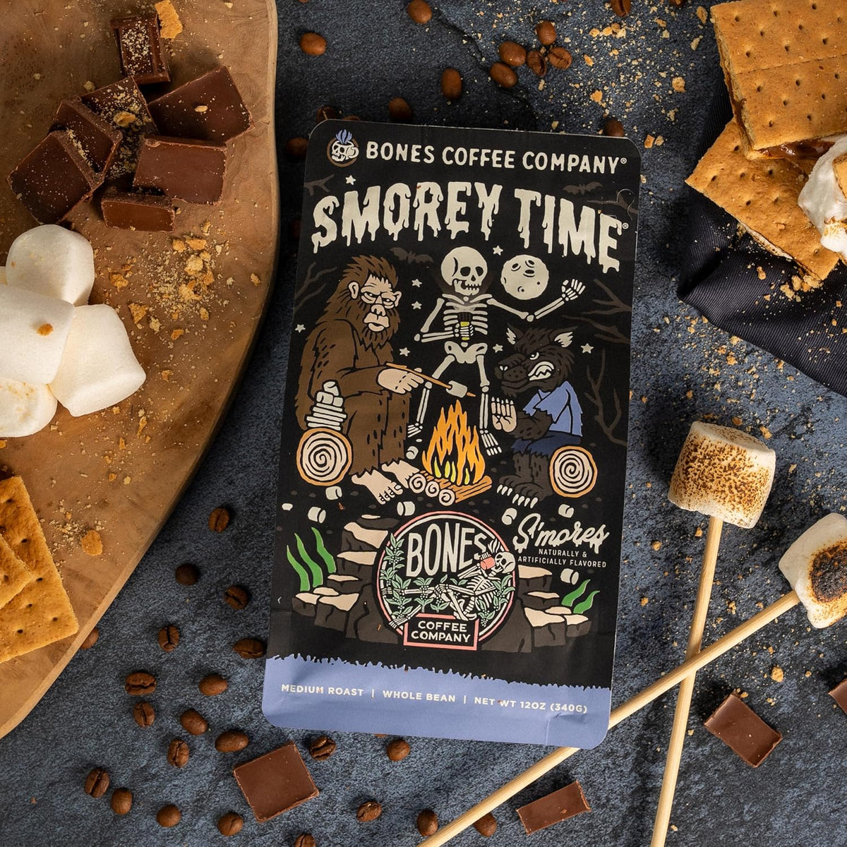 Bones Coffee Company S'morey Time, S'mores and Graham Crackers Flavored Coffee, Medium Roast Low Acid Arabica Beans Compatible with Auto drip and French Press Coffee Maker, 12 Oz Whole Bean