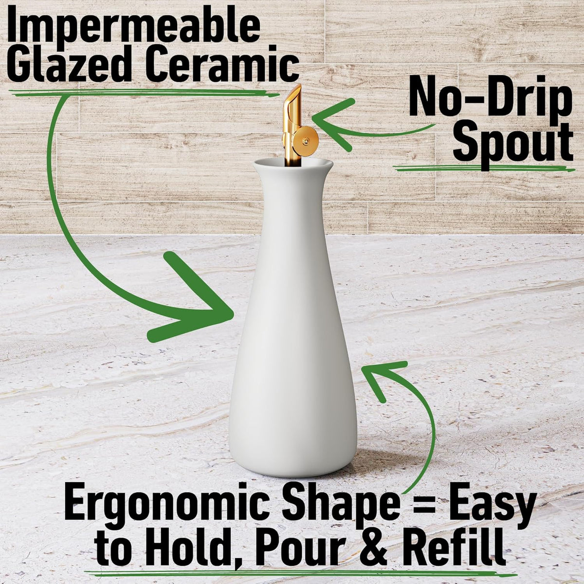 Ceramic Olive Oil Dispenser with Self-Closing Gold Spout - 530 ML Capacity Matte White Ceramic Oil Dispenser for Kitchen - Leak Proof EVOO Dispensing Bottle - Stylish, Ergonomic, Durable, Easy Pour