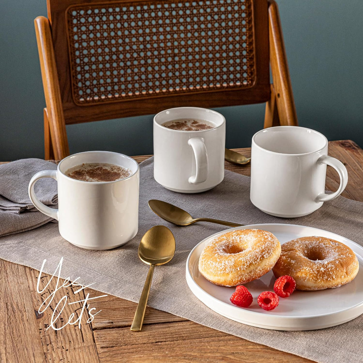 over&back Stackable Stoneware Coffee Mugs - 4-Piece Mug Set - Enjoy the Perfect Cup of Coffee, Tea, Latte, and More - Glossy White - 14oz