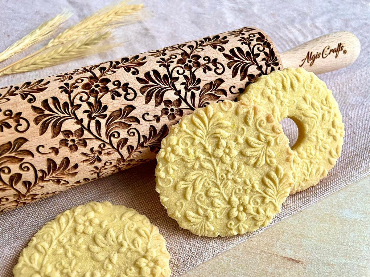 Embossing Rolling Pin FLORAL WREATH with Flowers Pattern. Dough and Clay Roller for Embossed Cookies and Pottery. Cookie and Ceramic Stamp. Backing Gifts for Women by Algis Crafts
