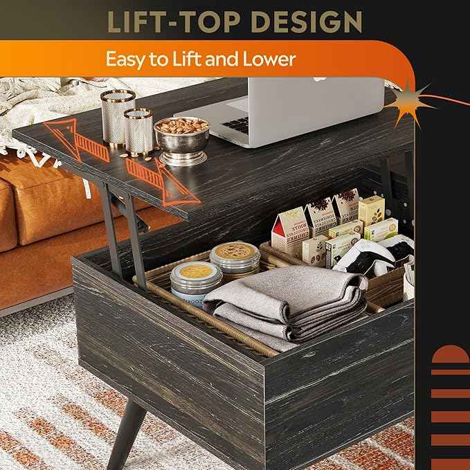 WLIVE Wood Lift Top Coffee Table with Hidden Compartment and Adjustable Storage Shelf, Lift Tabletop Dining Table for Home Living Room, Office, Charcoal Black