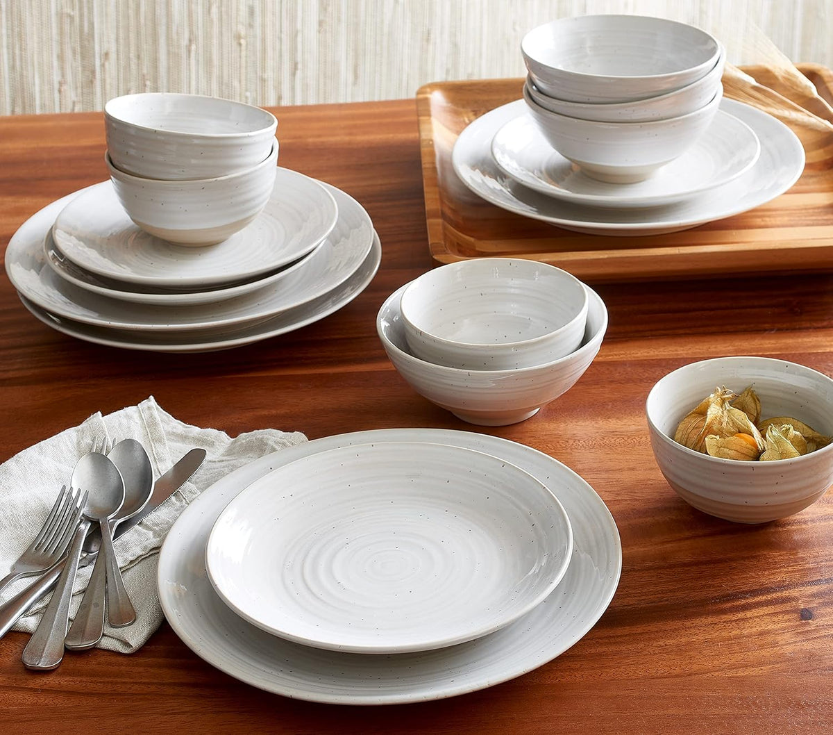 Sango Siterra 16-Piece Rustic White Stoneware Dinnerware Set – Service for 4, White with Glossy Speckle Overlay, for Everyday Dining & Entertainment, Microwave & Dishwasher Safe