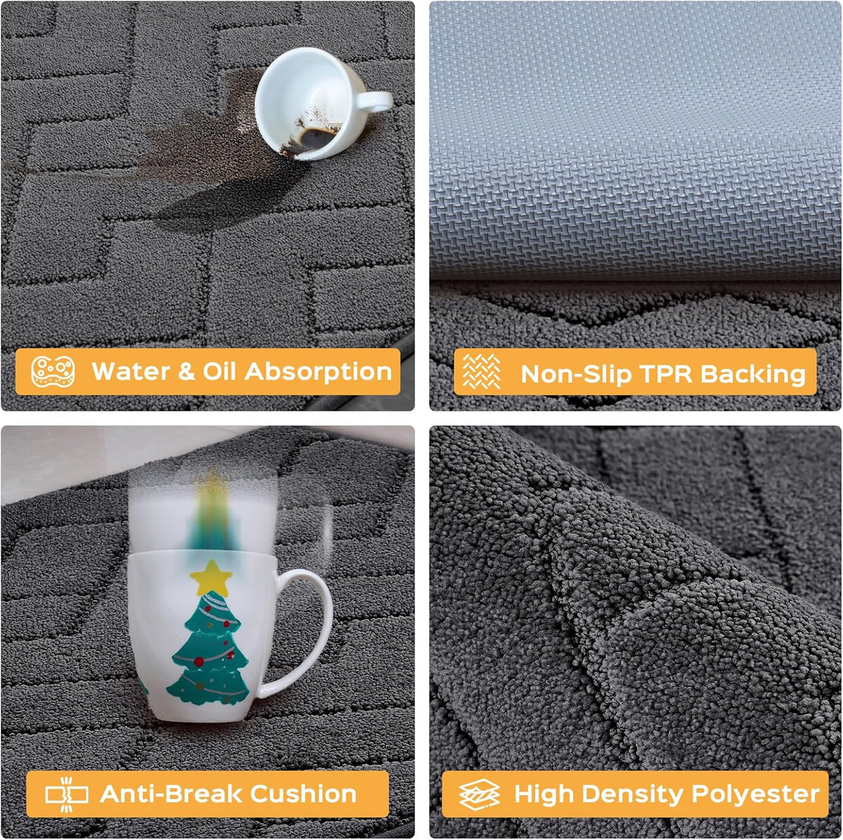Machine Washable Kitchen Rugs 24" x 36", Non-Slip Kitchen Runner Rugs Mats for Floor, Absorbent Comfort Standing Mats for Kitchen, Sink, Laundry and Hallway, Charcoal