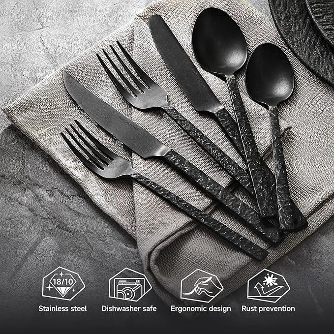 KINGSTONE 36 Pcs Black Hammered Silverware Set with Steak Knives for 6, 18/10 Stainless Steel Heavy Duty Flatware Set, Tableware Cutlery Utensil Sets for Home Restaurant Dishwasher Safe